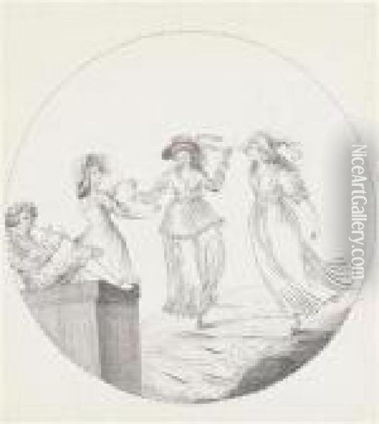 Three Dancing Women And A Flutist Oil Painting - Johann Gottfried Schadow