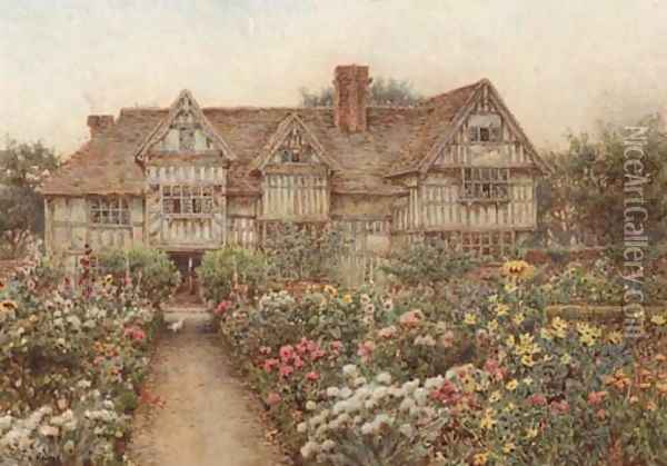 A formal garden before an Elizabethan manor house, thought to be Rumwood Court, Langley, Kent Oil Painting - Ernest Arthur Rowe