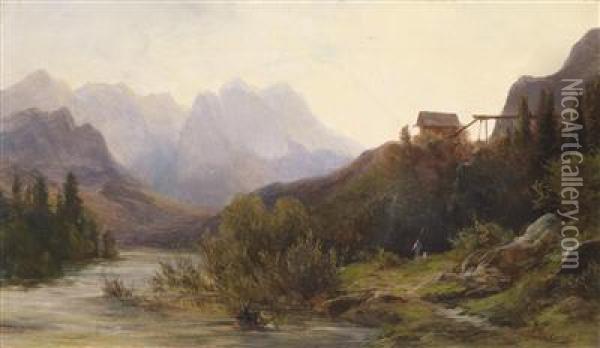 River Scenery With Human And Animal Figures Oil Painting - Julius Lange
