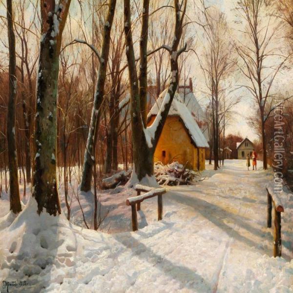 Winter Day On The Outskirts Of The Woods Oil Painting - Peder Mork Monsted