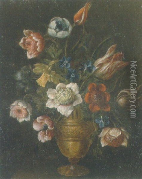 Flowers In A Brass Urn Oil Painting - Giacomo Recco