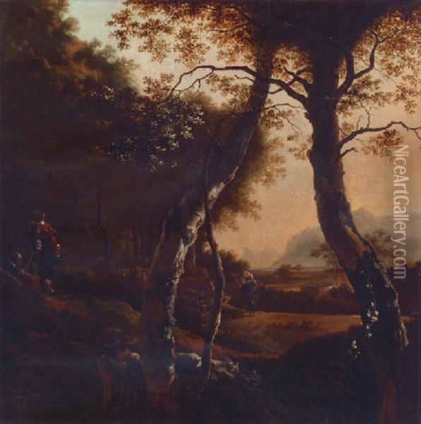 Figures In A Woodland Clearing, A Woman Leading Cattle On A Path Nearby Oil Painting - Adam Pynacker