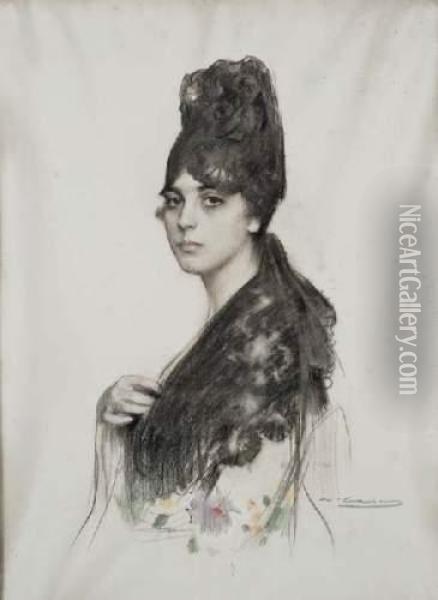 Portrait De Femme Oil Painting - Ramon Casas