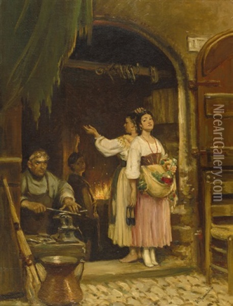 Zwei Italienerinnen Bei Der Schmiede Oil Painting - Vilhelm Rosenstand
