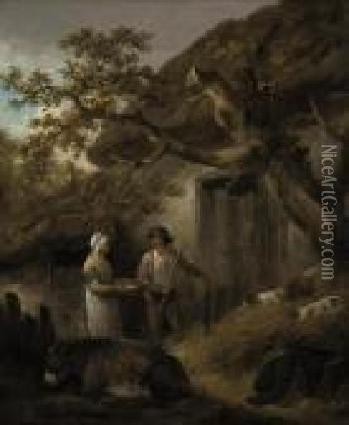 A Man And A Woman Outside A Cottage With Pigs And A Donkey Oil Painting - George Morland