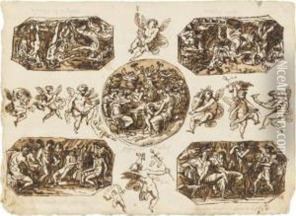 Ceiling Design With Scenes From 
The Life Of Paris And Studies Of Putti Oil Painting - Felice Gianni