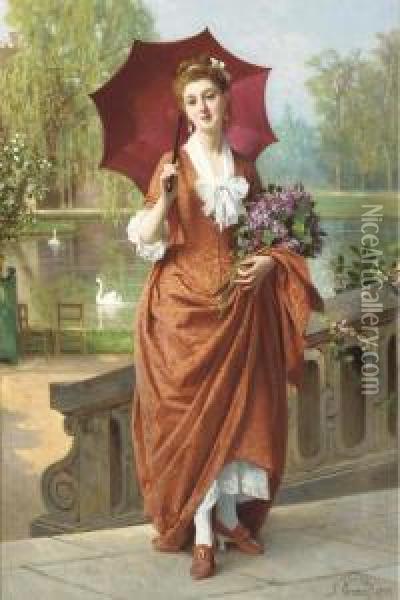 The Red Parasol Oil Painting - Joseph Caraud