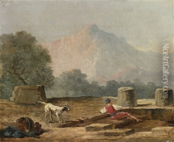 A Boy And A Dog Among Ruins Oil Painting - Hubert Robert