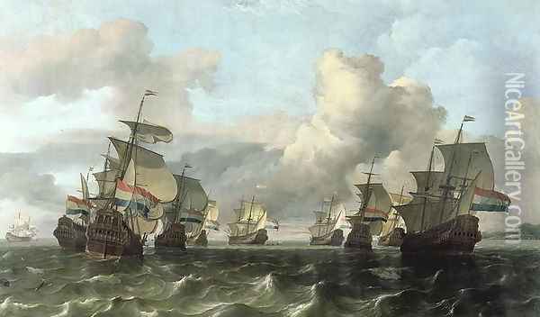 The Dutch Fleet of the India Company 1675 Oil Painting - Ludolf Backhuysen