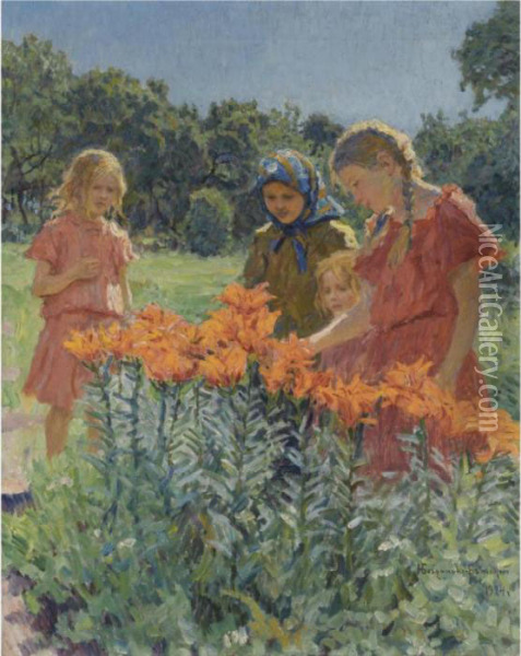 Picking Flowers Oil Painting - Nikolai Petrovich Bogdanov-Belsky