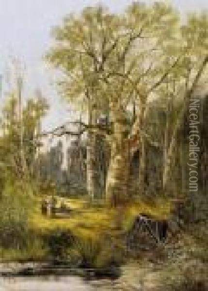 Clearing At The Edge Of The Forest With Bundle - Wood Pickers Oil Painting - Pierre Dumont