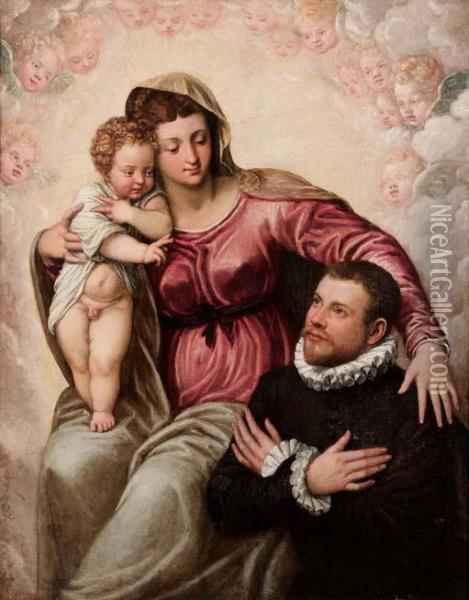 Madonna Con Bambino Benedicente E Donatore Oil Painting - Jacopo Robusti, II Tintoretto