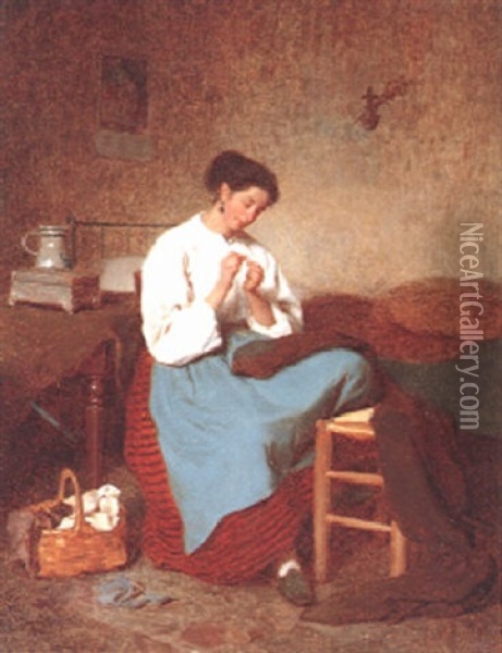 Young Woman Sewing In An Interior Oil Painting - Theophile Emmanuel Duverger