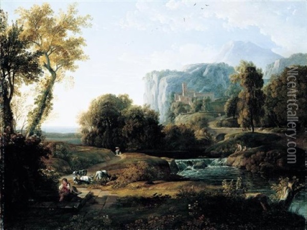 An Italianate Landscape With A Shepherd And Fishermen By A Stream Beyond Oil Painting - Nicolas Didier Boguet