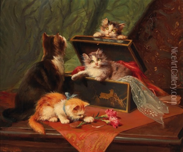 Kittens Playing Oil Painting - Leon Charles Huber