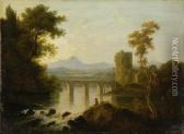 Extensive Wooded River Landscape With Viaduct And Figures Oil Painting - Alexander Nasmyth
