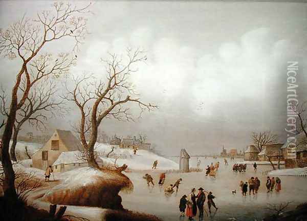 Winter Landscape with Figures Skating Oil Painting - Antoni Verstralen (van Stralen)