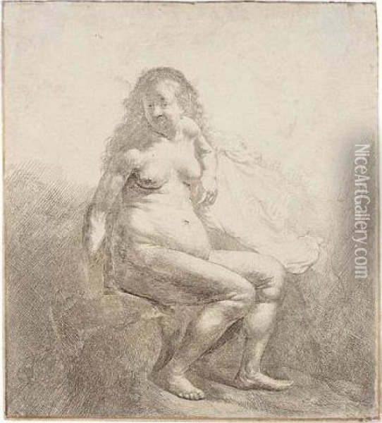 Naked Woman Seated On A Mound (b., Holl.198; H.43; Bb.31-5) Oil Painting - Rembrandt Van Rijn