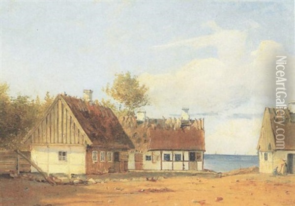 En Kystgaard Med Personer Oil Painting - Wilhelm Thomas Pedersen