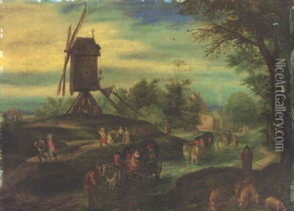 A Wooded Landscape With Carts And A Swineherd Near A Windmill Oil Painting - Jan Brueghel the Elder