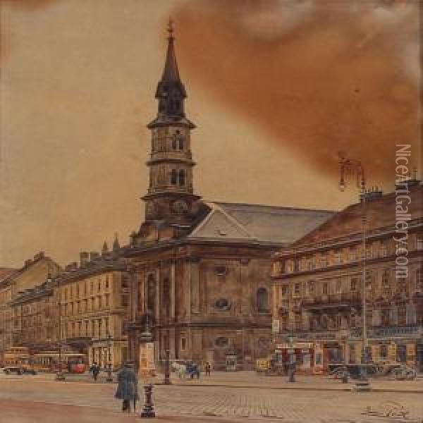 Street Scene With A Church, Presumably From Vienna Oil Painting - Erwin Pendl