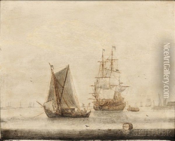 Vessels In A Quiet Harbor Oil Painting - Cornelis Pietersz De Mooy