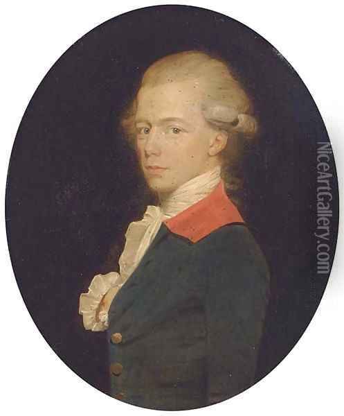 Portrait of a gentleman, small half-length, in a blue coat with red collar Oil Painting - John Downman