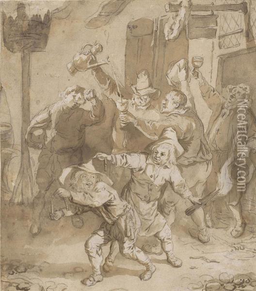 Peasants Carousing Outside A Tavern Oil Painting - Cornelis Dusart