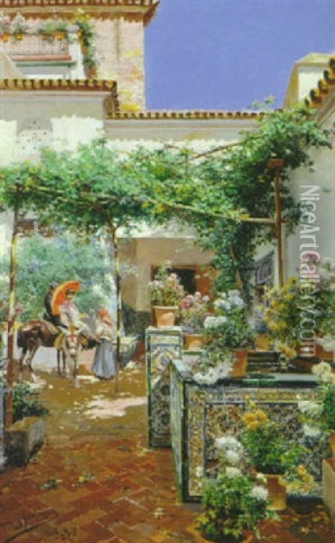 View Of A Garden In Seville Oil Painting - Manuel Garcia y Rodriguez