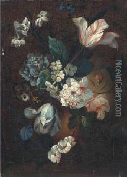 Parrot Tulips, Chrysanthemums, Morning Glory And Other Mixedflowers In An Urn Oil Painting - Simon Pietersz. Verelst