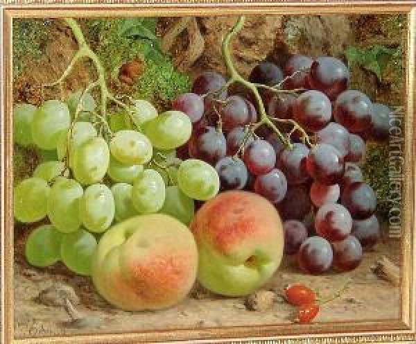 Peaches, Rosehips, Black And Green Grapes Against A Bank Oil Painting - William Hughes