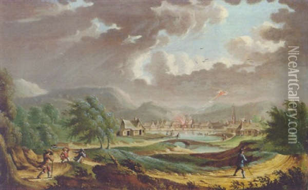 An Extensive Stormy Landscape With Lightning Striking A Village Oil Painting - Johann Siegismund Dietzsch