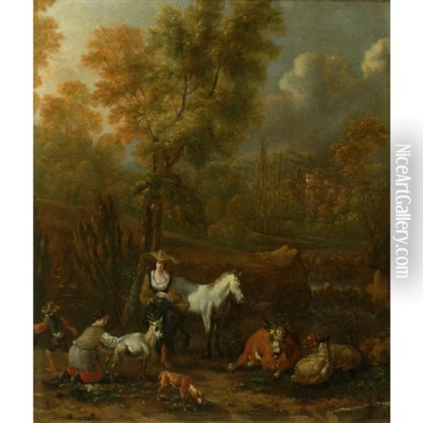 Herdsmen And Livestock In A Glade Oil Painting -  Nicholas of Greece (Prince)