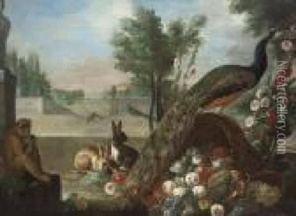 A Peacock By A Basket Of 
Up-turned Fruit, Rabbits And A Monkey, By An Urn And Hollyhocks, A 
Formal Garden And Country House Beyond Oil Painting - Pieter III Casteels