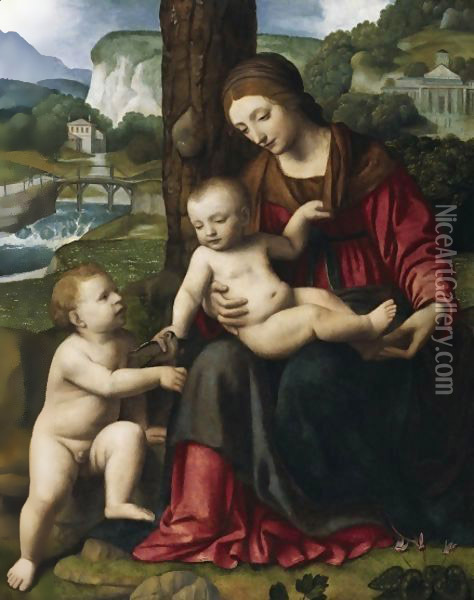 Madonna with Child and Young St John c 1515 Oil Painting - Bernardino Luini
