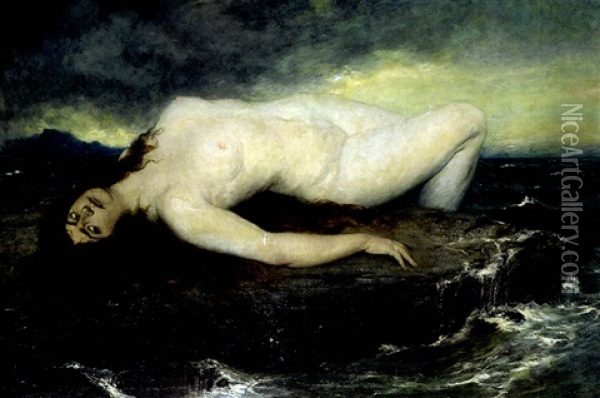 Frauenakt Auf Einem Felsen Im Meer Liegend, Von Tosendem Wasser Umgehen Oil Painting - Ferdinand Leeke