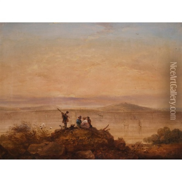 A Family On A Clifftop, Looking Across Plymouth Sound To Mount Edgecumbe Oil Painting - Copley Fielding