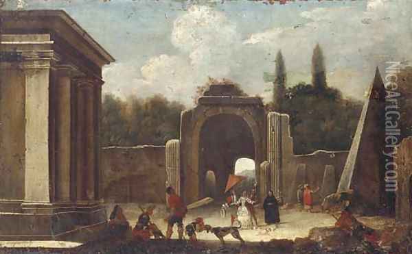 A capriccio of classical ruins with elegant company in the foreground Oil Painting - Viviano Codazzi