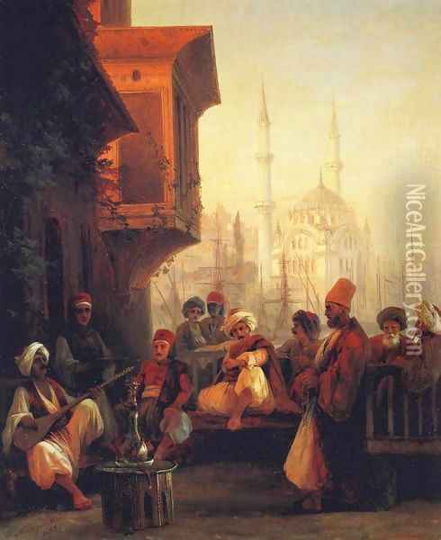 Coffee house by the Ortakoy Mosque in Constantinople Oil Painting - Ivan Konstantinovich Aivazovsky