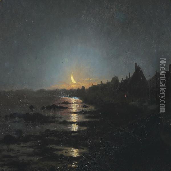 Moon Light Coastel Scenery Oil Painting - Johan Peter Eggers