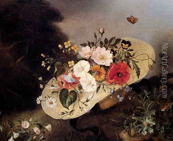 Still Life With Assorted Flowers In A Hat Oil Painting - Ange Louis Lesourd-Beauregard