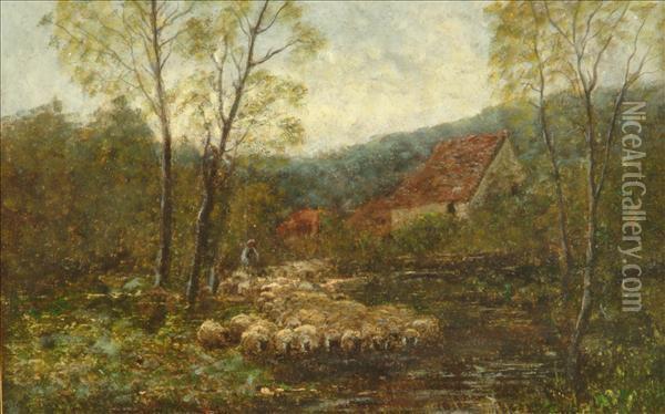 Sheep And Shepherd In A Landscape Oil Painting - William Charles Estall