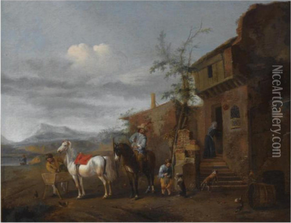 Two Horsemen Halting Outside An 
Inn, A Young Boy Playing With Adog, An Angler At A Lake In The Distance Oil Painting - Pieter Wouwermans or Wouwerman