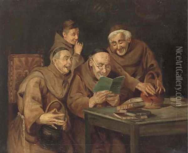 Monks sharing a joke; and Another similar Oil Painting - English School