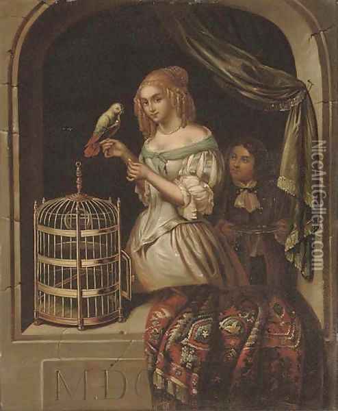 A lady with a parrot at a casement Oil Painting - Caspar Netscher