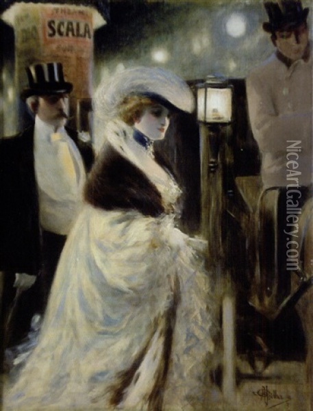 Couple D'elegants Se Rendant A La Scala Oil Painting - Albert Guillaume