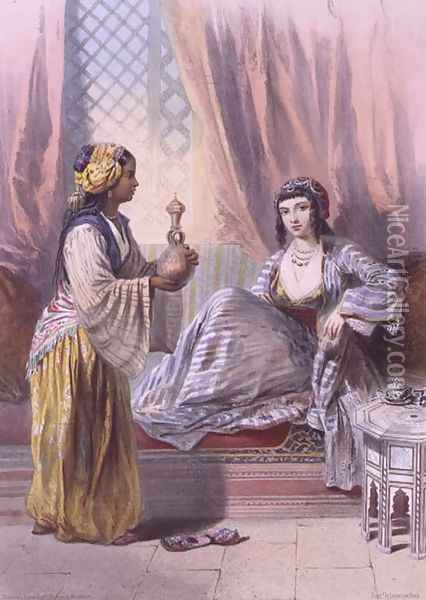 A Cairene Woman waited upon by a Galla Slave Girl, illustration from The Valley of the Nile, engraved by Mouilleron, pub. by Lemercier, 1848 Oil Painting - Emile Prisse d'Avennes