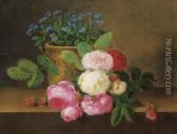Potted Forget-me-nots, With Red, Pink And White Roses On A Ledge Oil Painting - Johan Laurentz Jensen