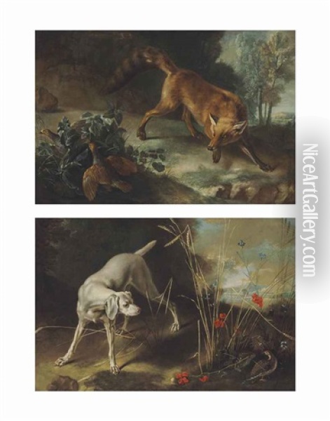 A Fox Stalking A Brace Of Partridges; A Dog Pointing A Partridge (pair) Oil Painting - Jean-Baptiste Oudry