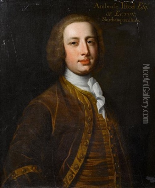 Portrait Of Ambrose Isted Of Ecton In A Brown Coat With A Black Tricorn Hat Under His Arm Oil Painting - Enoch Seeman